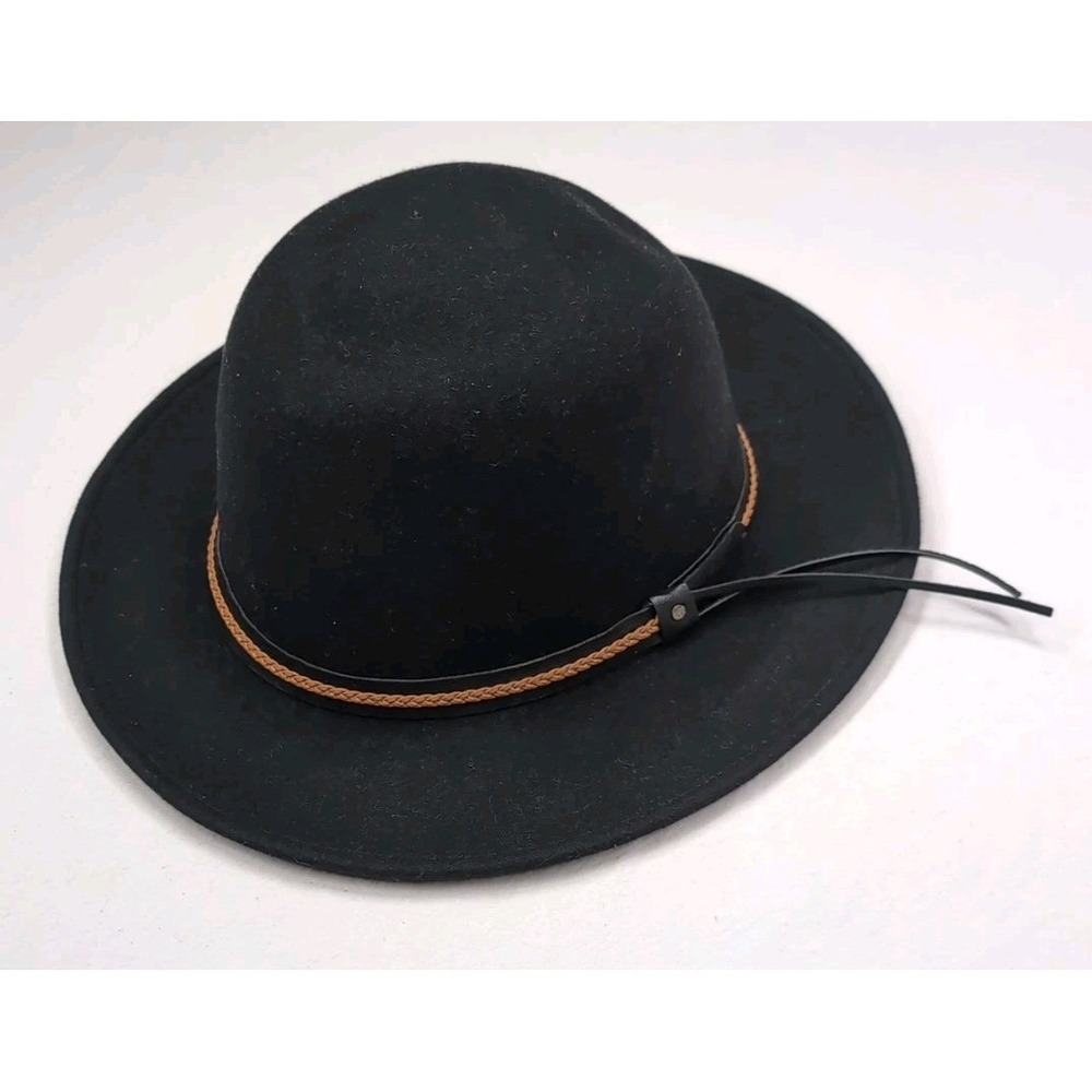 VTG Sima Int Wide Brim Tiller Hat Black Feather Felt Wool Leather Trim Festival